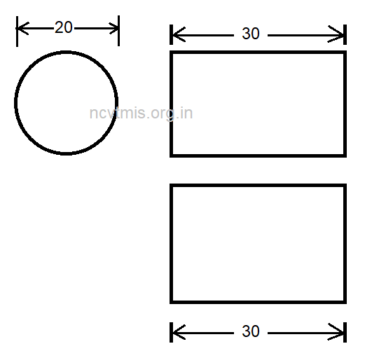 Draw an orthographic projection (front view, top view, and side view) of a given cylinder in first angle projection.